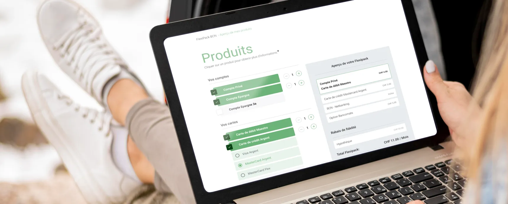 Mockup de l'assistant d'ouverture de compte Flexipack de la BCN sur ordinateur portable et smartphone