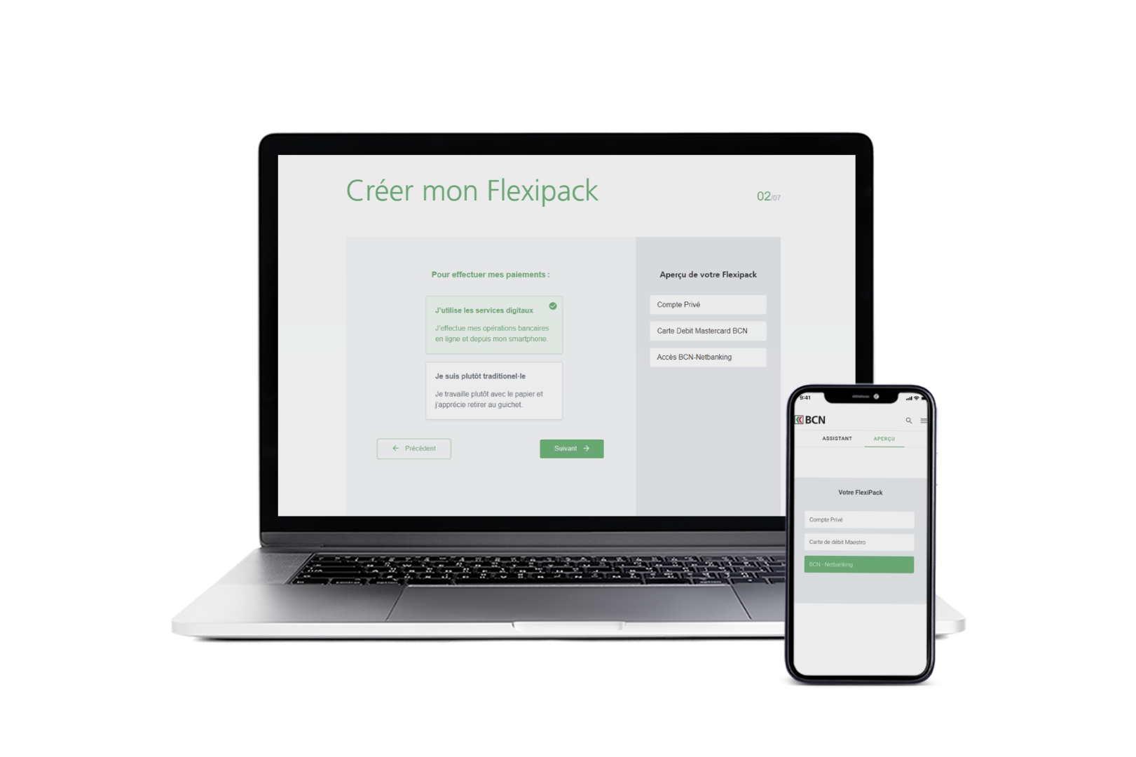 Mockup d'assistant bancaire digital conçu pour la BCN